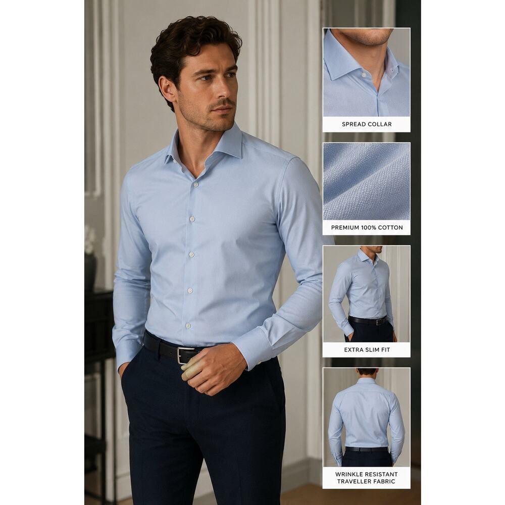 Suitsupply Traveller Dress Shirt Mens 17 43 Blue Extra Slim Fit Cotton